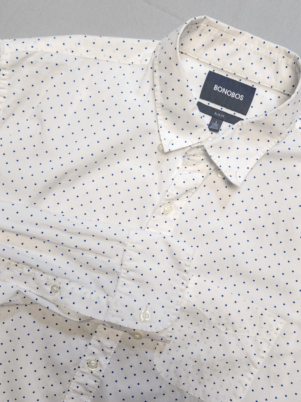 Bonobos White Blue Polka Dot Large Button Down Shirt Mens L Long Slim Fit